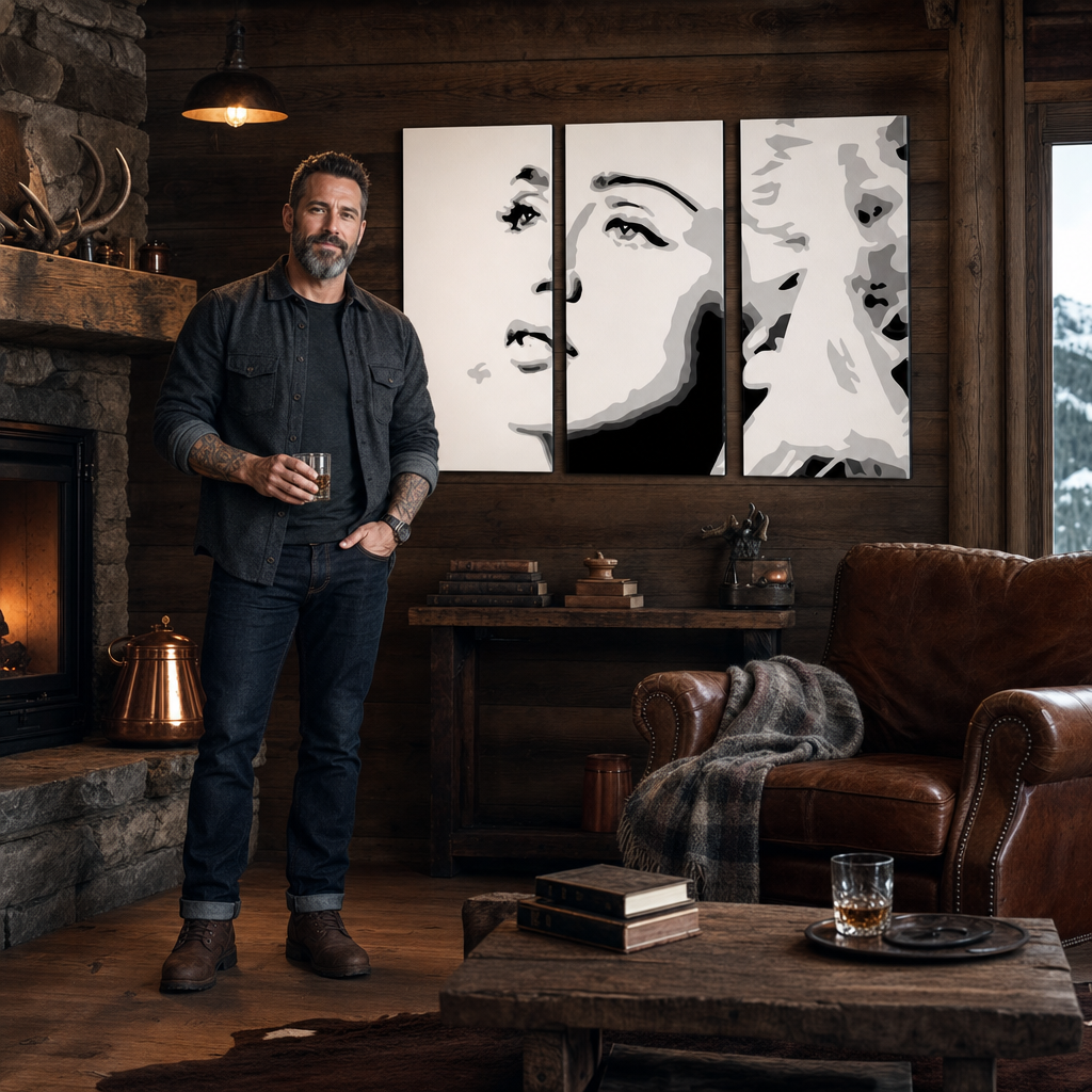 Kézzel festett POP Art Madonna 3 darab festmény ma4 – kép modern férfi belső térben, lifestyle vizualizáció. Domináns színek: fekete, fehér, szürke.