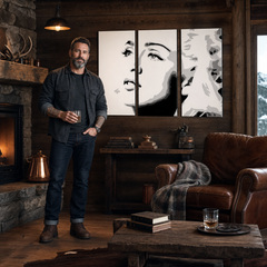 Kézzel festett POP Art Madonna 3 darab festmény ma4 – kép modern férfi belső térben, lifestyle vizualizáció. Domináns színek: fekete, fehér, szürke.