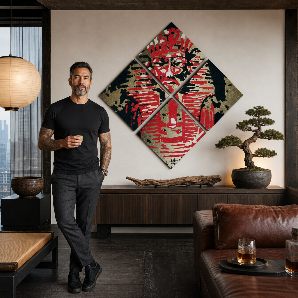 Kézzel festett POP Art Tutan Chamon 4 darabos festmény itt – kép modern férfi belső térben, lifestyle vizualizáció. Domináns színek: fekete, piros, barna.