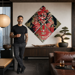 Kézzel festett POP Art Tutan Chamon 4 darabos festmény itt – kép modern férfi belső térben, lifestyle vizualizáció. Domináns színek: fekete, piros, barna.