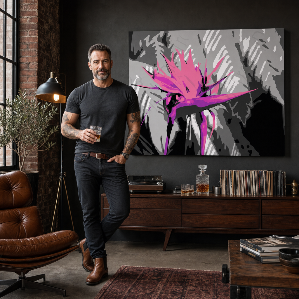 Kézzel festett POP Art virág 1 db kép flo5 – kép modern férfi belső térben, lifestyle vizualizáció. Domináns színek: fekete, rózsaszín, lila.