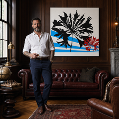 Kézzel festett POP Art virág 1 rész flo3 – kép modern férfi belső térben, lifestyle vizualizáció. Domináns színek: fekete, piros, kék.
