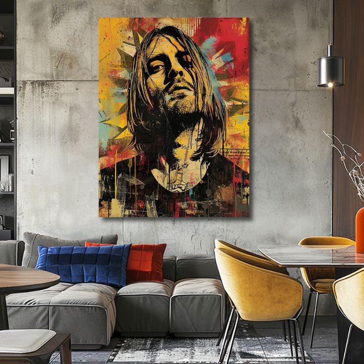 Modern vászonkép sárga-fekete árnyalatokban, rock and roll és zenei történelem | Kurt Cobain na vásznon - Hudobná revolúcia – termék, nézet 2