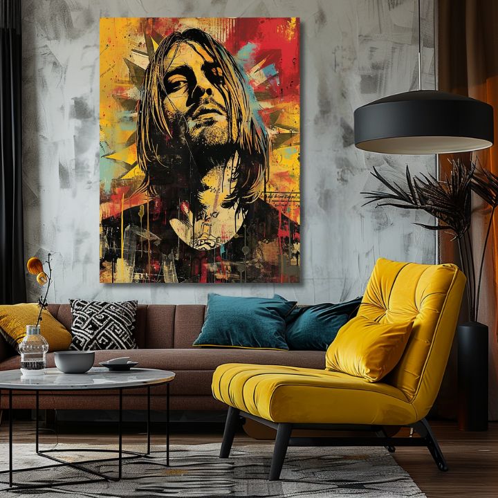 Modern vászonkép sárga-fekete árnyalatokban, rock and roll és zenei történelem | Kurt Cobain na vásznon - Hudobná revolúcia – termék
