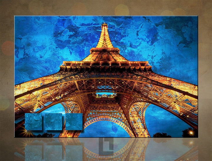 Modern kép motívummal: Eiffel-torony, Paríž, éjszakai égbolt kék-arany árnyalatokban | La Paris, fali dekoráció – előnézet