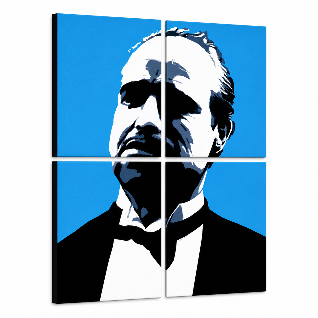 Marlon Brando kézzel festett POP Art festménye 4 rész mb4 – 3D látvány a kézzel festett vászonról fehér háttéren. Domináns színek: kék, fekete, fehér.