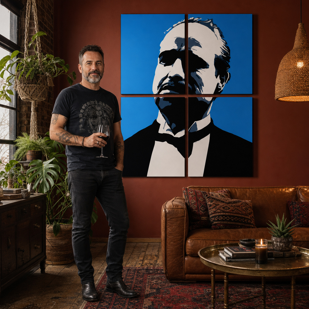 Marlon Brando kézzel festett POP Art festménye 4 rész mb4 – kép modern férfi belső térben, lifestyle vizualizáció. Domináns színek: kék, fekete, fehér.