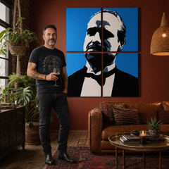 Marlon Brando kézzel festett POP Art festménye 4 rész mb4 – kép modern férfi belső térben, lifestyle vizualizáció. Domináns színek: kék, fekete, fehér.