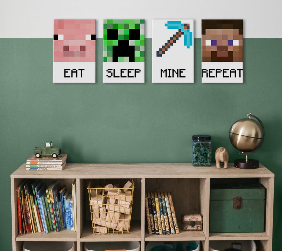 Modern vászonkép zöld-fehér árnyalatokban, játékos hangulat, gyermekkor | Minecraft kép - Najlepšie postavičky na vásznon - Eat, Sleep, Mine, Repeat – termék, nézet 2