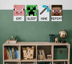 Modern vászonkép zöld-fehér árnyalatokban, játékos hangulat, gyermekkor | Minecraft kép - Najlepšie postavičky na vásznon - Eat, Sleep, Mine, Repeat – termék, nézet 2