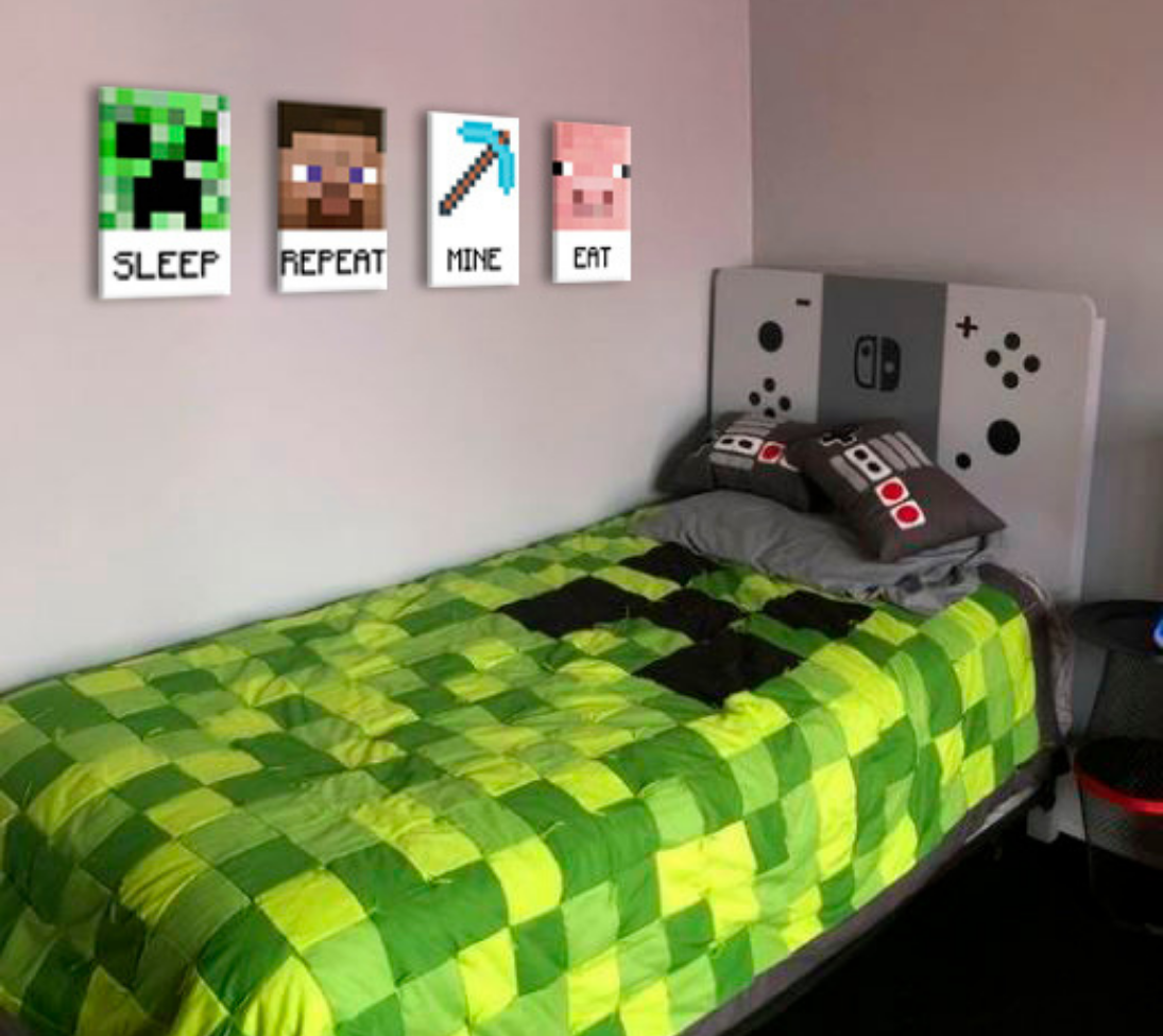 Modern vászonkép zöld-fehér árnyalatokban, játékos hangulat, gyermekkor | Minecraft kép - Najlepšie postavičky na vásznon - Eat, Sleep, Mine, Repeat – fő