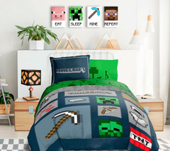 Modern vászonkép zöld-fehér árnyalatokban, játékos hangulat, gyermekkor | Minecraft kép - Najlepšie postavičky na vásznon - Eat, Sleep, Mine, Repeat – termék