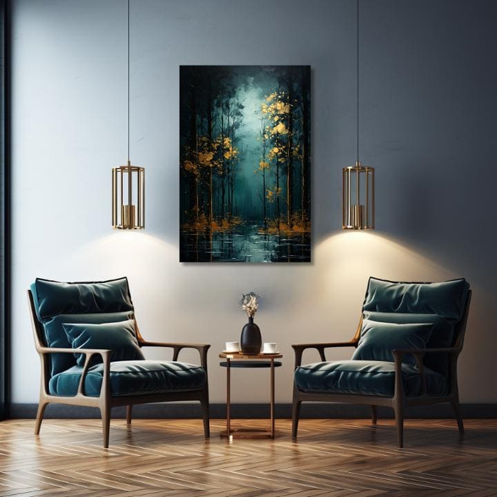 Art deco vászonkép motívummal: fák, erdő, táj, természet kék-zöld árnyalatokban, természet és titok, alkalmas a nappali számára | Modern fali dekor Zlatá listová fantázia - PREM..., nézet 4