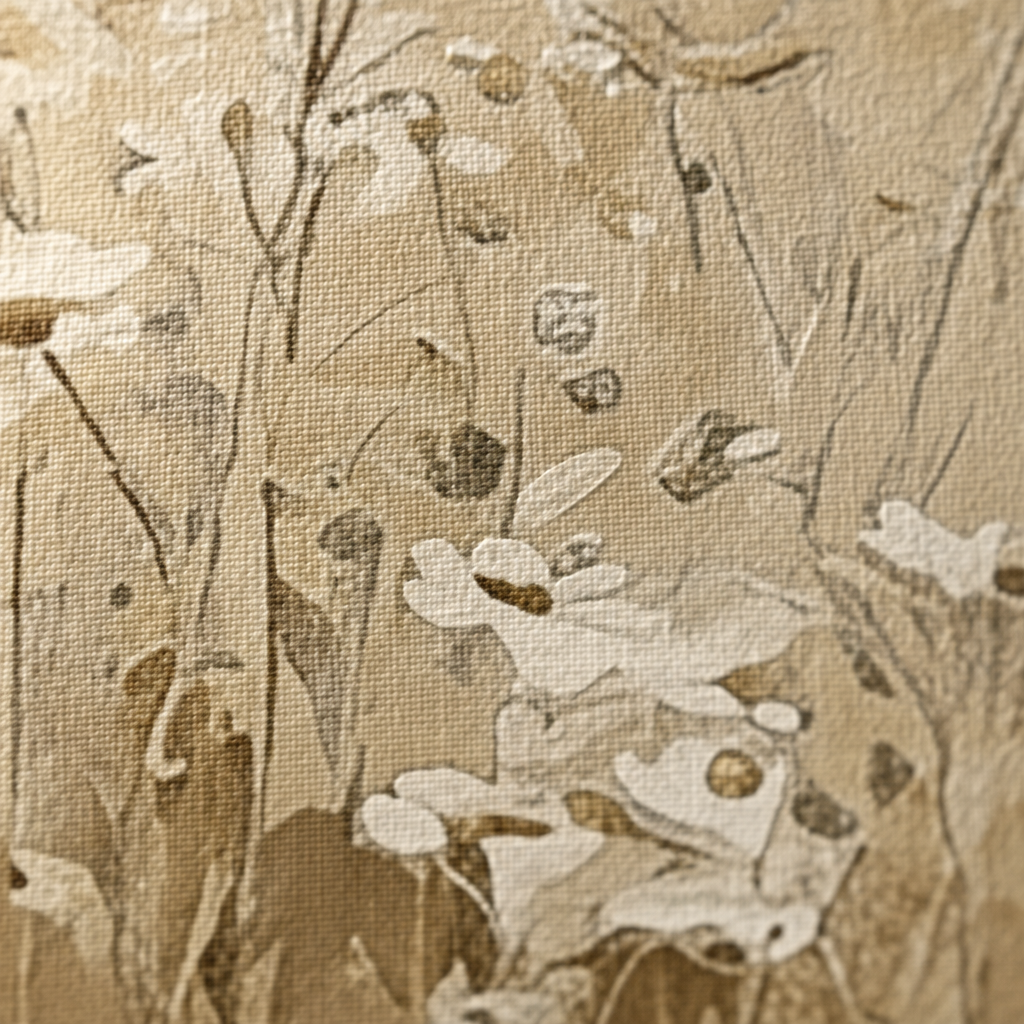 Makró részlet a minőségi ARTMIE pamutvászon nyomtatásról, látható textúra és virágok a képen, Papilora Crafted for Home.