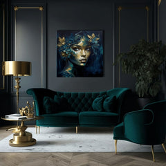 Art deco vászonkép motívummal: Feminine Grace in Motion, virágok, pillangók, arany akcentek, természet kék-zöld árnyalatokban, alkalmas a dolgozószoba számára – termék, nézet 2