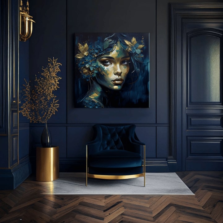Art deco vászonkép motívummal: Feminine Grace in Motion, virágok, pillangók, arany akcentek, természet kék-zöld árnyalatokban, alkalmas a dolgozószoba számára – termék, nézet 3