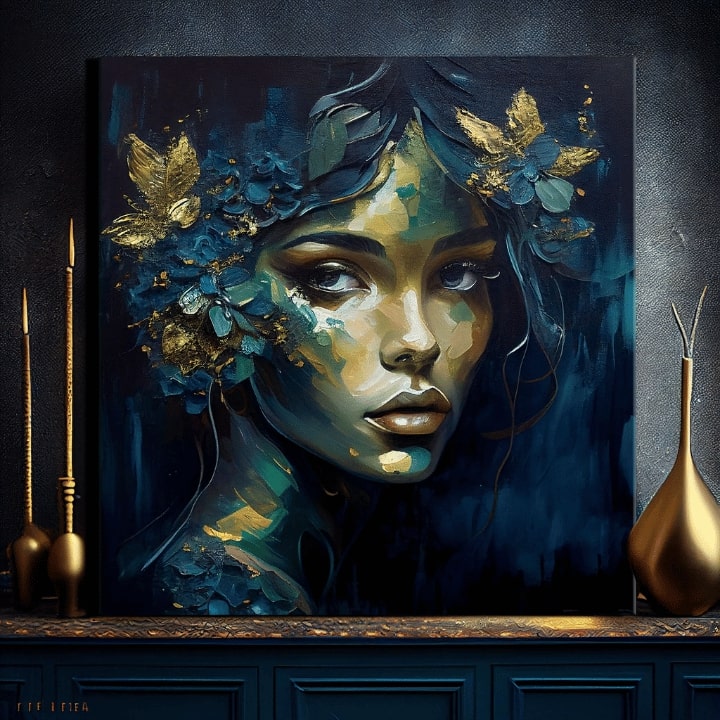 Art deco vászonkép motívummal: Feminine Grace in Motion, virágok, pillangók, arany akcentek, természet kék-zöld árnyalatokban, alkalmas a dolgozószoba számára – termék