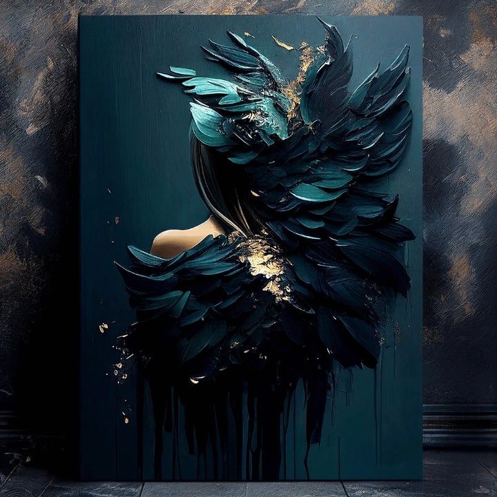 Art deco vászonkép motívummal: Feminine Touch of Angelic Beauty, arany akcentek kék-zöld árnyalatokban, melankolikus hangulat, alkalmas a dolgozószoba számára – termék, nézet 2