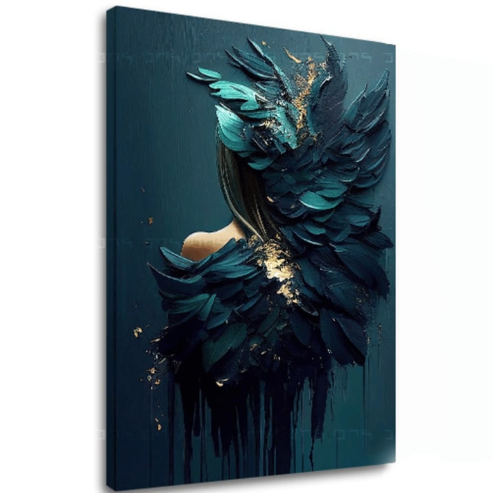 Art deco vászonkép motívummal: Feminine Touch of Angelic Beauty, arany akcentek kék-zöld árnyalatokban, melankolikus hangulat, alkalmas a dolgozószoba számára – fő