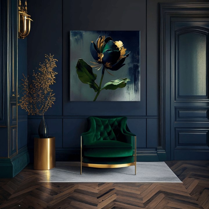 Ipari vászonkép motívummal: Garden's Vibrant Heartbeat, virág, tulipán, levelek, táj kék-szürke árnyalatokban, elegáns hangulat – termék, nézet 3