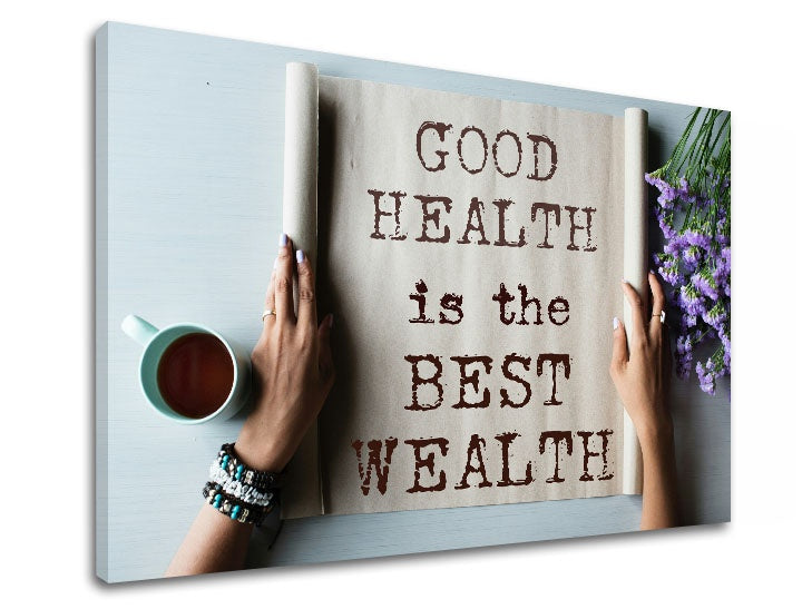 Modern kép motívummal: Good health, virágok, motivációs idézet bézs-barna árnyalatokban | Motivációs fali kép Good health, belső béke – előnézet