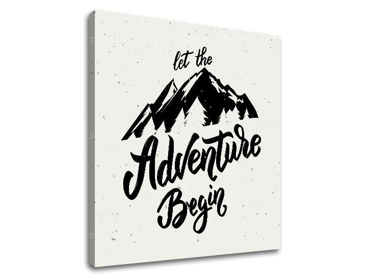 Art deco kép motívummal: Let the adventure begin, hegyek, utazási motívum fehér-szürke árnyalatokban | Motivációs fali kép Let the adventure begin – előnézet