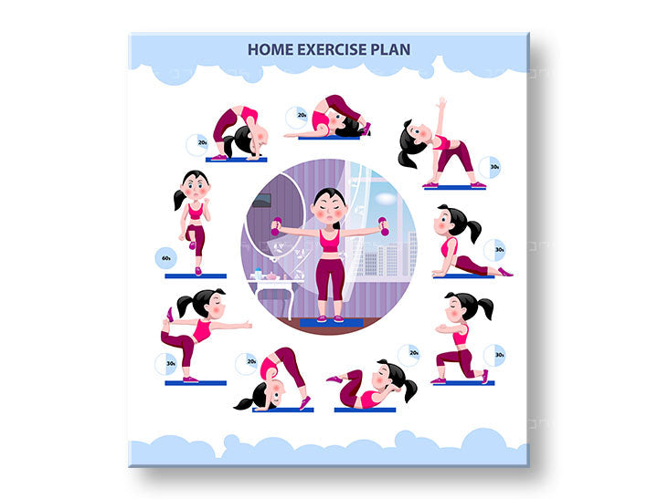 Modern vászonkép motívummal: Home exercise plan, motivációs idézet, sport motívum fehér-kék árnyalatokban, energikus hangulat, alkalmas a dolgozószoba számára – fő