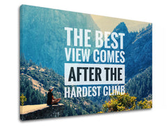 Modern vászonkép motívummal: The best view comes, erdő, motivációs idézet fehér-fekete árnyalatokban, természet és belső béke, alkalmas a iroda számára – termék