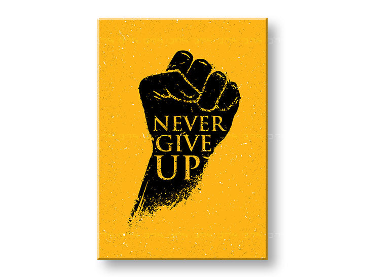 Modern vászonkép motívummal: Never give up, motivációs idézet fekete-sárga árnyalatokban, erő, alkalmas a iroda számára | Motivációs fali kép Never give up – fő