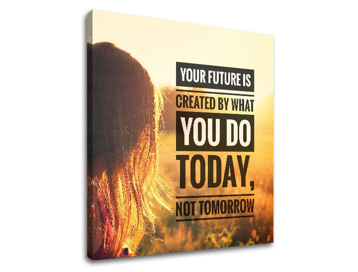 Modern vászonkép motívummal: Your future is created, naplemente, mező, haj, táj fehér-arany árnyalatokban, alkalmas a iroda számára | Motivációs fali kép Your future is created