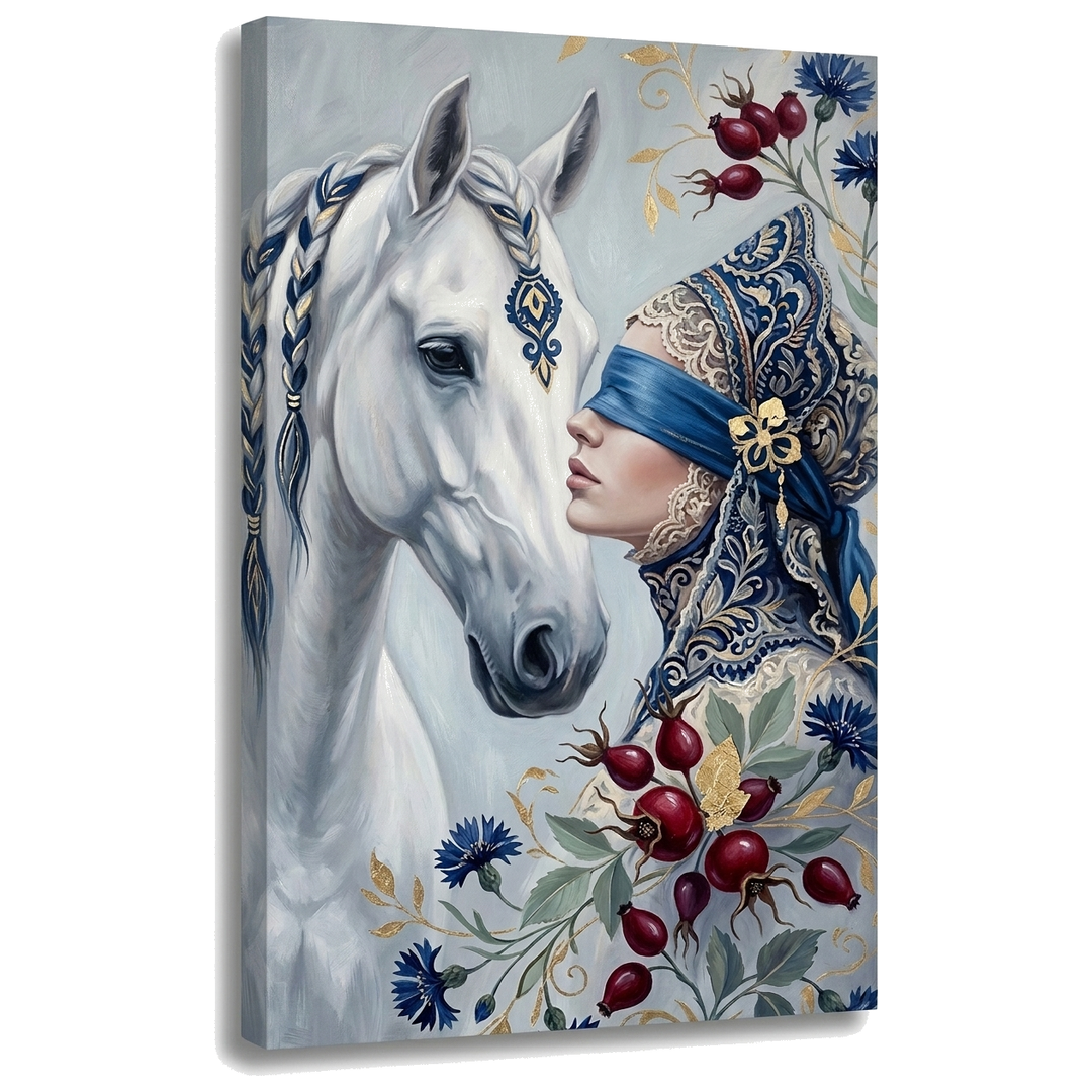 Bekötött szemű nő és fehér ló vászonkép – 3D látványterv látható fa vakkerettel, elegáns Premium Art stílusban a Papilora kínálatából.