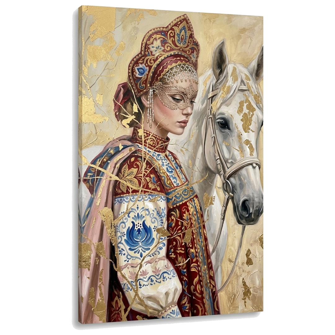 Női portré maszkban és fehér lóval vászonkép – 3D vizualizáció a fa vakrámáról, Papilora Premium Art.