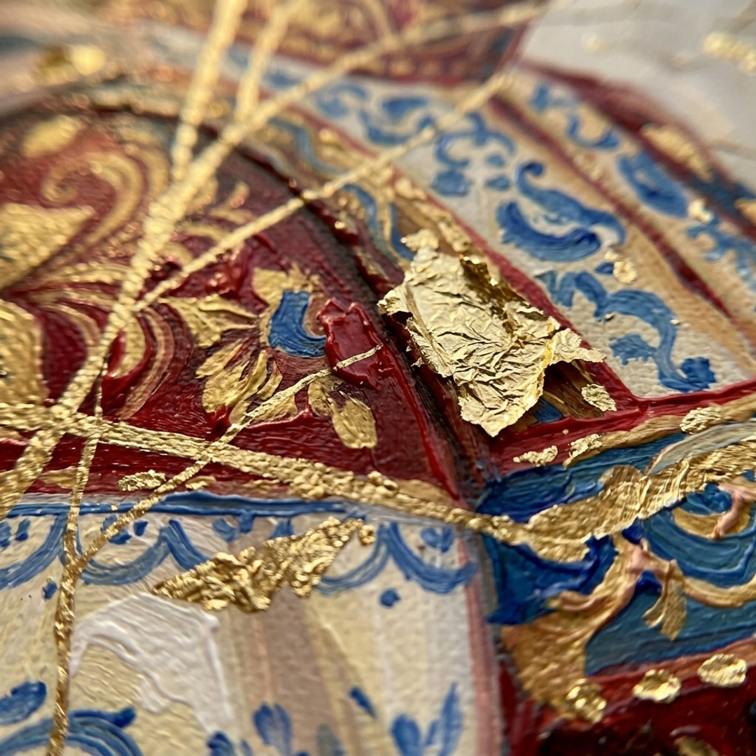 Makró részlet a kézzel festett impasto ecsetvonásokról és a vászon textúrájáról, Papilora Crafted for Home.