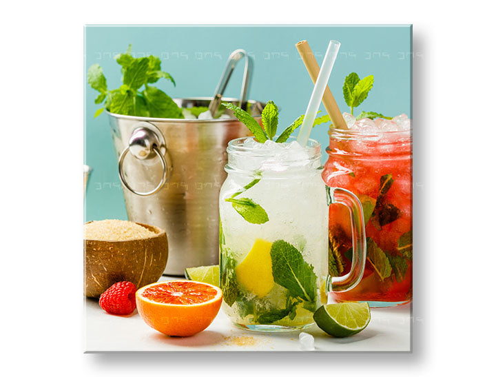 Boho stílusú vászonkép motívummal: LETNÝ DRINK, táj kék-zöld árnyalatokban, alkalmas a konyha számára | Fali kép LETNÝ DRINK_069-12 – fő