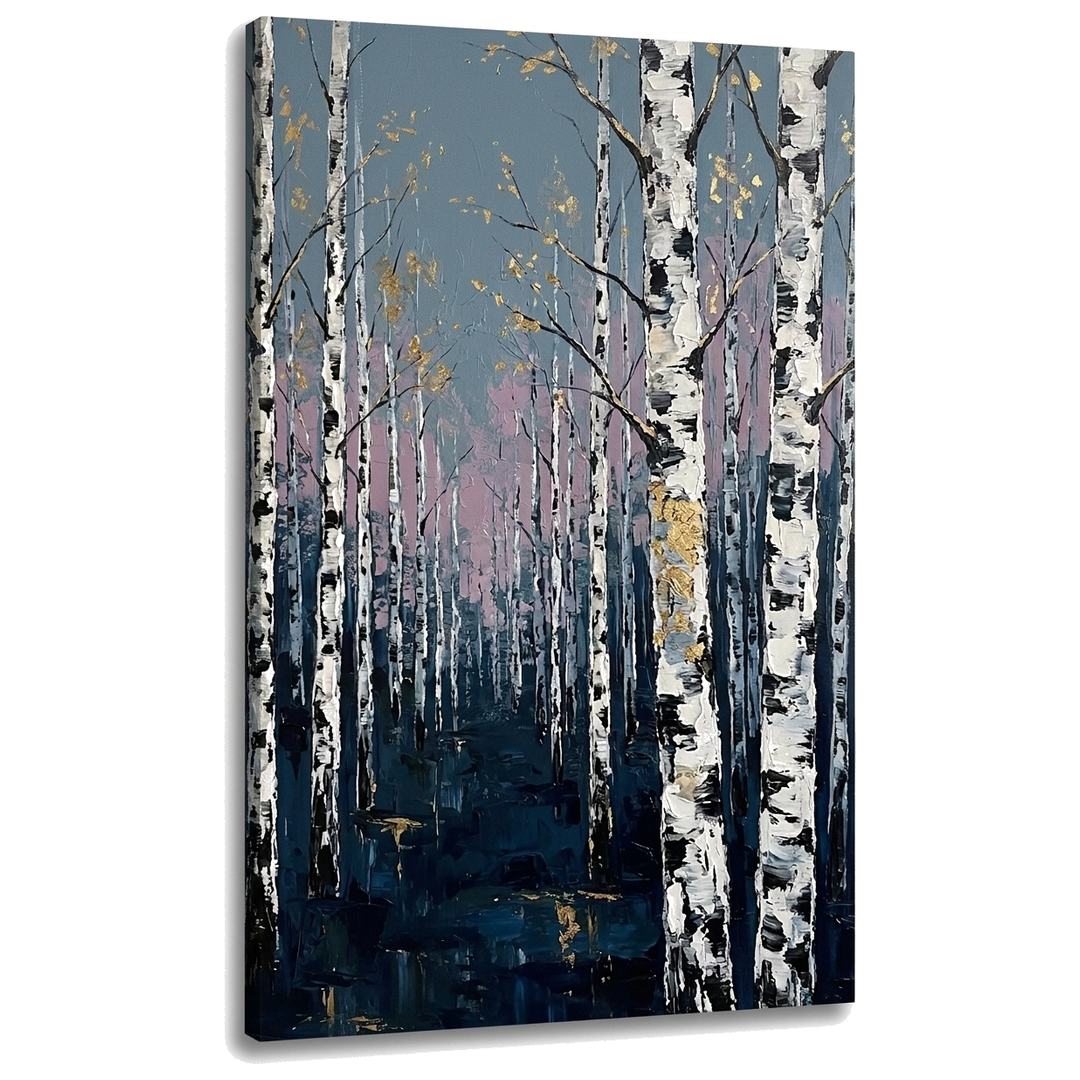 Nyírfás erdő vászonkép 3D vizualizációja, látható fa vakkerettel, elegáns stílusban, Papilora Premium Art.