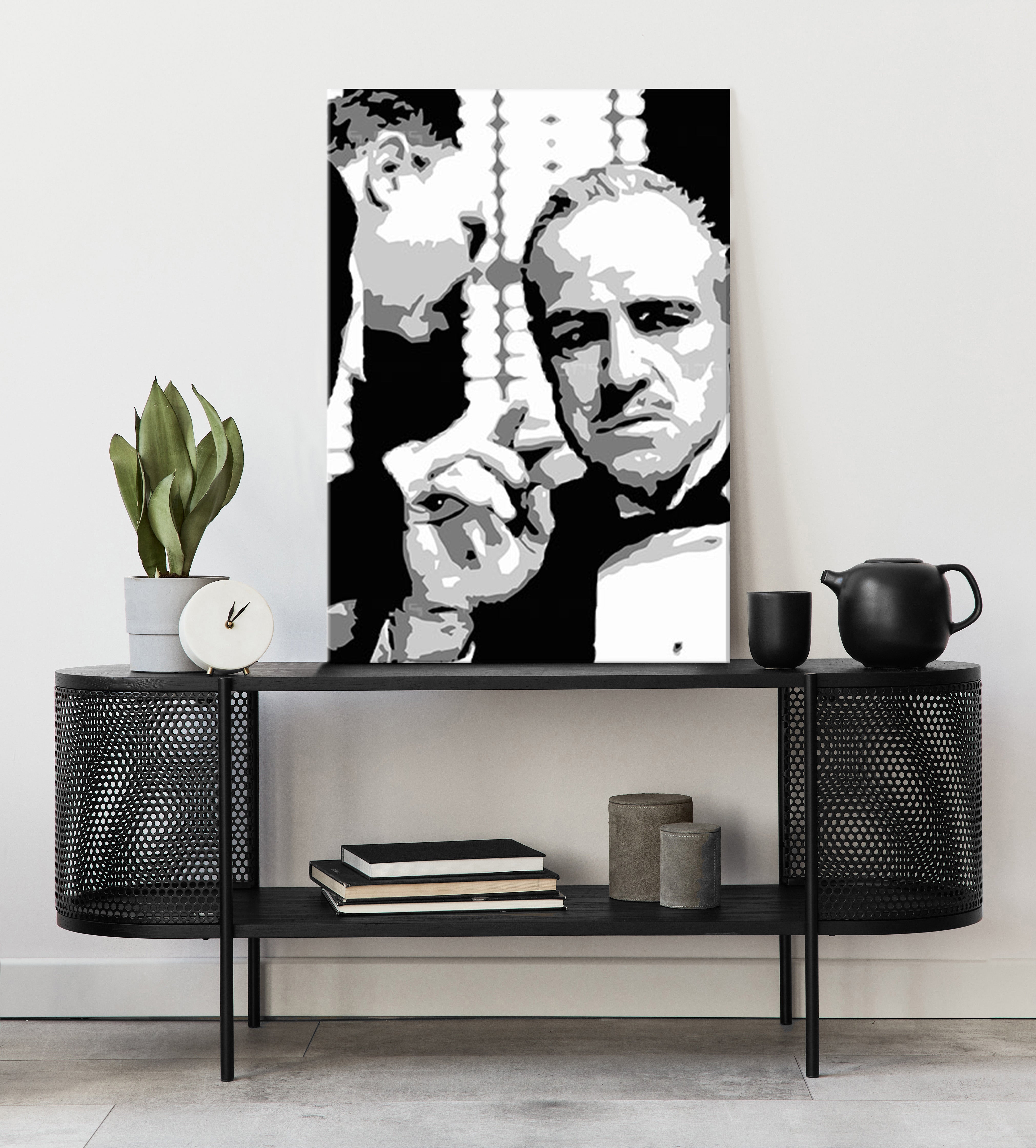 Modern vászonkép motívummal: GODFATHER fekete-fehér árnyalatokban, drámai hangulat, család és erő és hatalom | POP Art kép GODFATHER – fő [XOBPPGFOH]