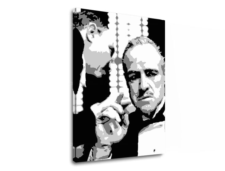 Modern vászonkép motívummal: GODFATHER fekete-fehér árnyalatokban, drámai hangulat, család és erő és hatalom | POP Art kép GODFATHER – termék