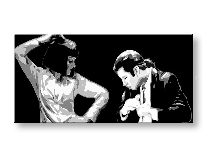 Pop art vászonkép motívummal: Pulp Fiction, férfi öltönyben, természet fehér-fekete árnyalatokban, drámai hangulat, alkalmas a iroda számára – termék