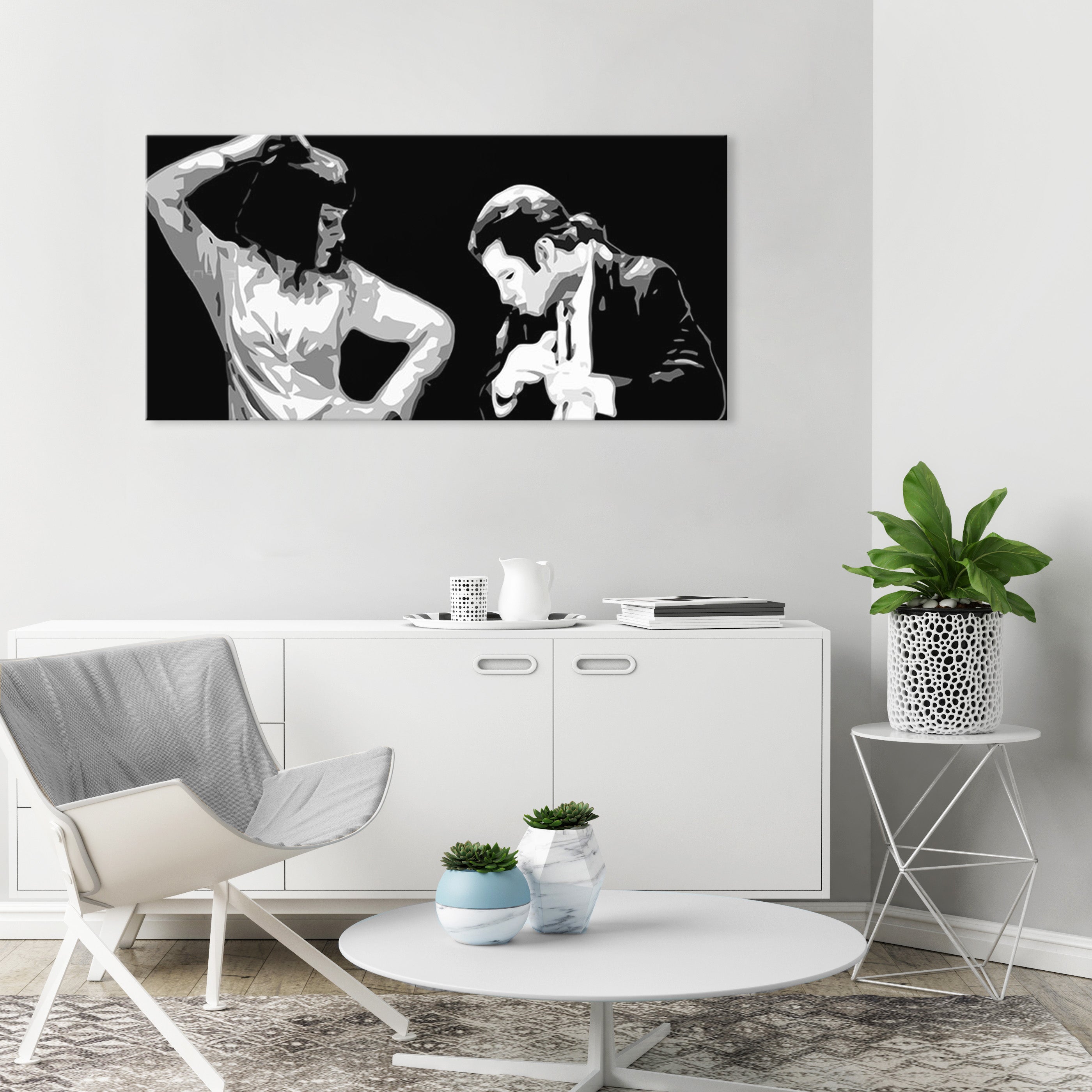 Pop art vászonkép motívummal: Pulp Fiction, férfi öltönyben, természet fehér-fekete árnyalatokban, drámai hangulat, alkalmas a iroda számára – fő