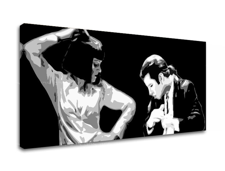 Pop art vászonkép motívummal: Pulp Fiction, férfi öltönyben, természet fehér-fekete árnyalatokban, drámai hangulat, alkalmas a iroda számára – termék, nézet 2
