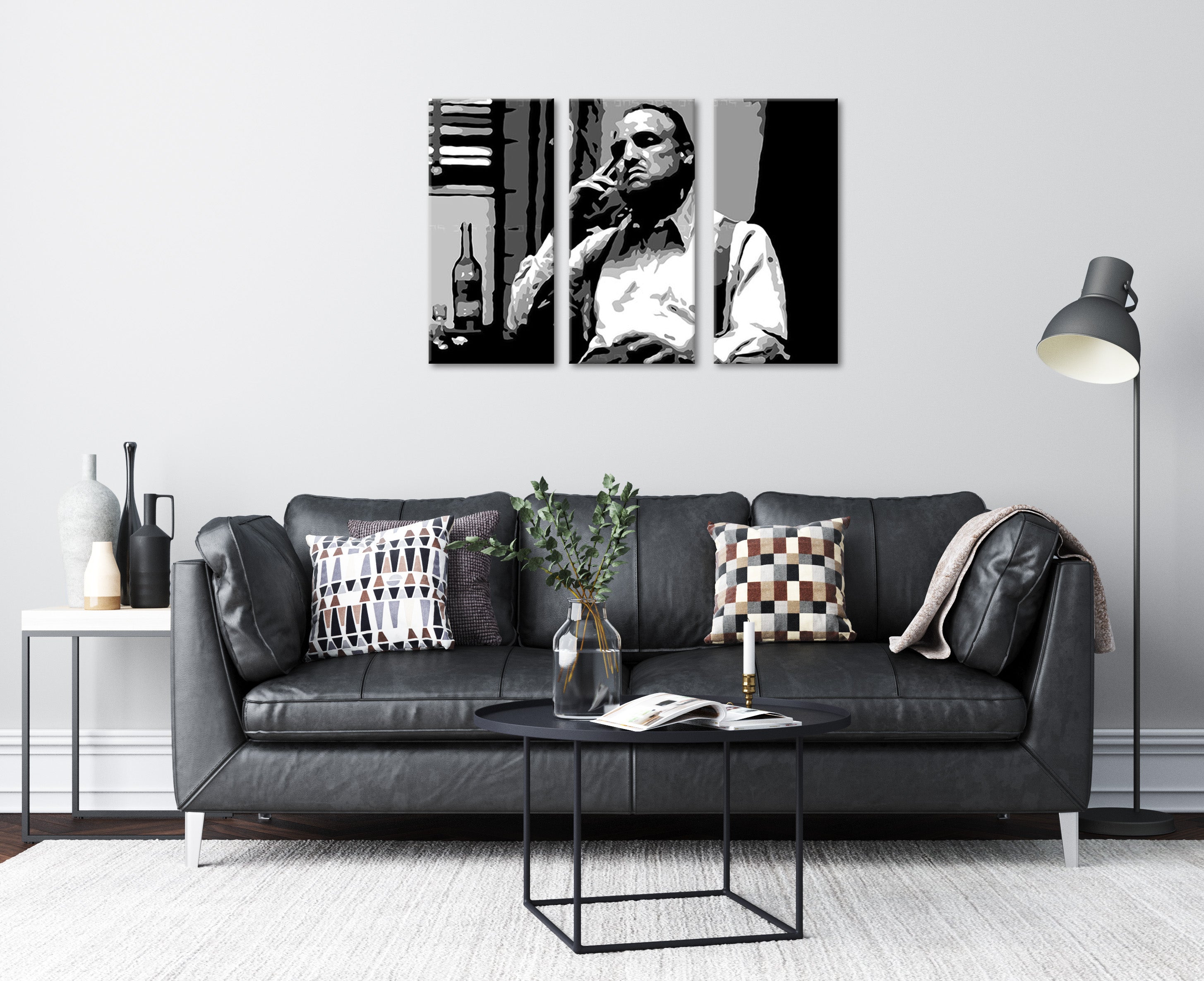 Pop art vászonkép motívummal: Marlon Brando, szivar, üveg, természet fehér-szürke árnyalatokban, drámai hangulat, filmvilág és erő és hatalom – fő