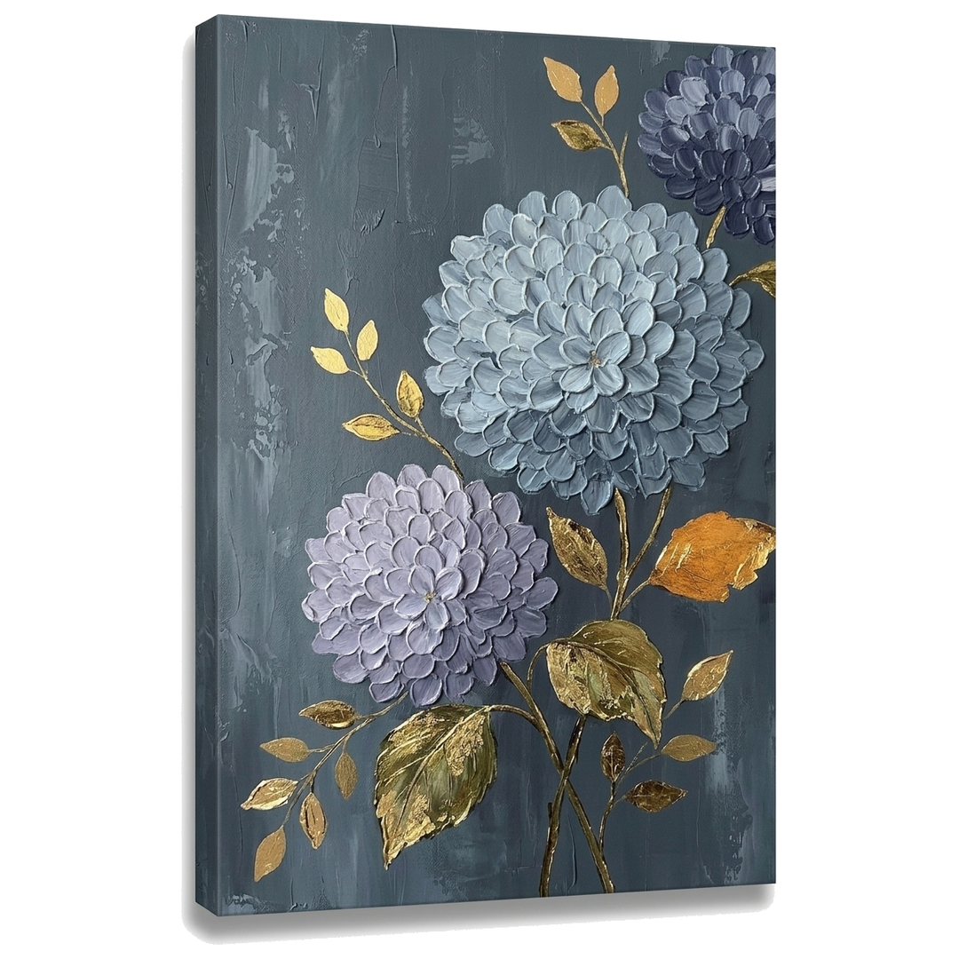 Hortenzia vászonkép 3D vizualizációja látható fa vakkerettel, elegáns botanikai fali dekoráció, Papilora Premium Art.