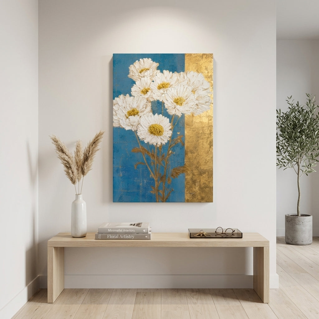 Fehér margarétás vászonkép modern nappali falán, elegáns konzolasztal felett elhelyezve.
