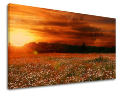 Boho stílusú vászonkép motívummal: naplemente, mező, fák, égbolt, táj fehér-narancs árnyalatokban, drámai hangulat, alkalmas a nappali számára – fő