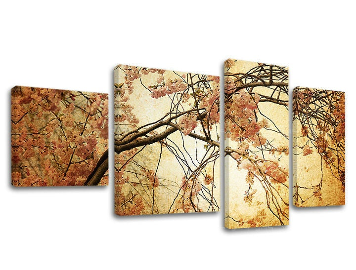 Vintage vászonkép motívummal: ágak, virágok, térkép, természet bézs-barna árnyalatokban, nosztalgikus hangulat, természet, többrészes kivitel – fő
