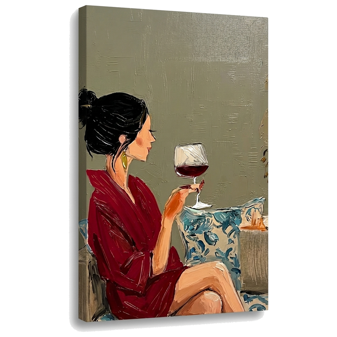 Nő borospohárral vászonkép 3D megjelenítése látható fa vakkerettel, modern minimalista stílusban, Papilora Premium Art.
