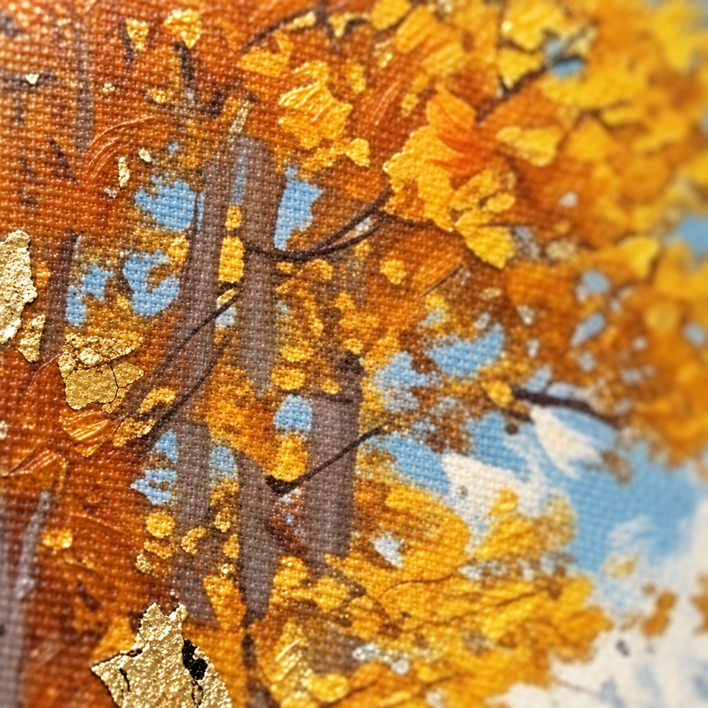Makró részlet a kézzel festett impasto textúráról, látható akril ecsetvonások a vászon felületén, Papilora Crafted for Home.