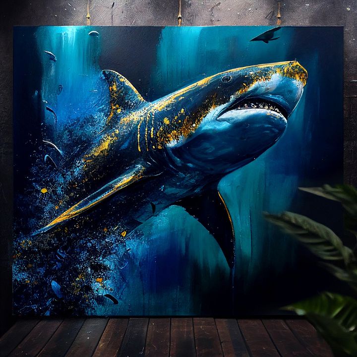 Boho stílusú vászonkép motívummal: PREMIUM ART - Shark Force in Dark Water, óceán, tenger és tengerpart kék-arany árnyalatokban, fenséges hangulat – termék