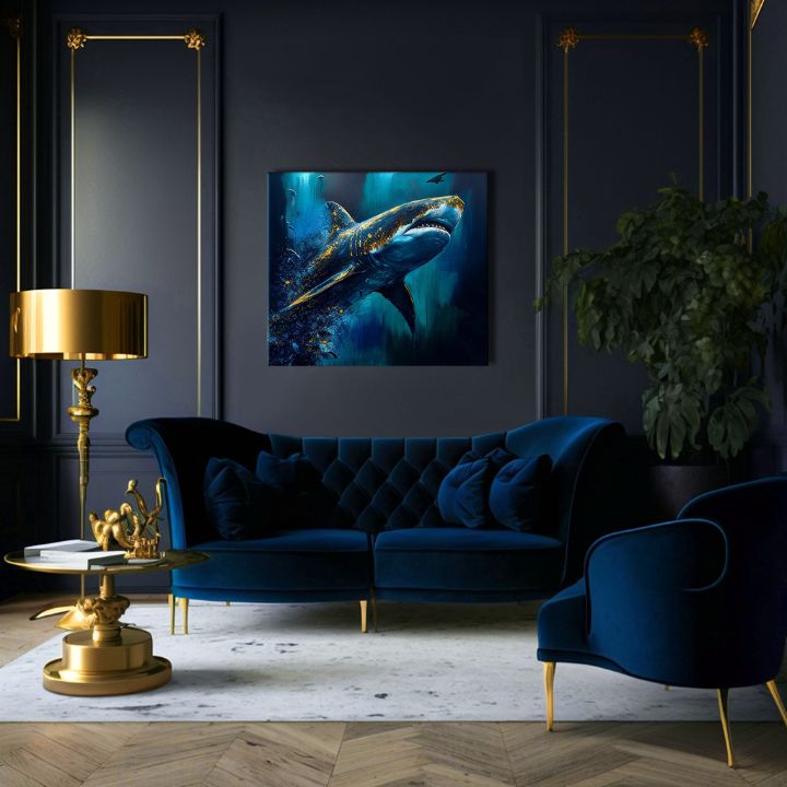 Boho stílusú vászonkép motívummal: PREMIUM ART - Shark Force in Dark Water, óceán, tenger és tengerpart kék-arany árnyalatokban, fenséges hangulat – termék, nézet 2