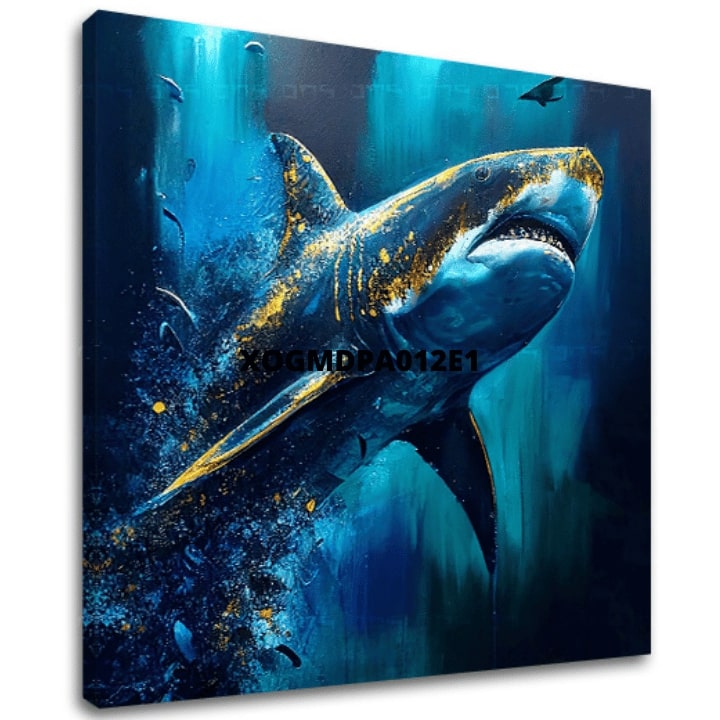 Boho stílusú vászonkép motívummal: PREMIUM ART - Shark Force in Dark Water, óceán, tenger és tengerpart kék-arany árnyalatokban, fenséges hangulat – fő